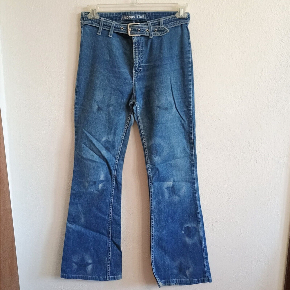 Vth Y2K Woods Star Buckle Waist Denim Jeans Flare Heart Star Design Sz 32 X 32